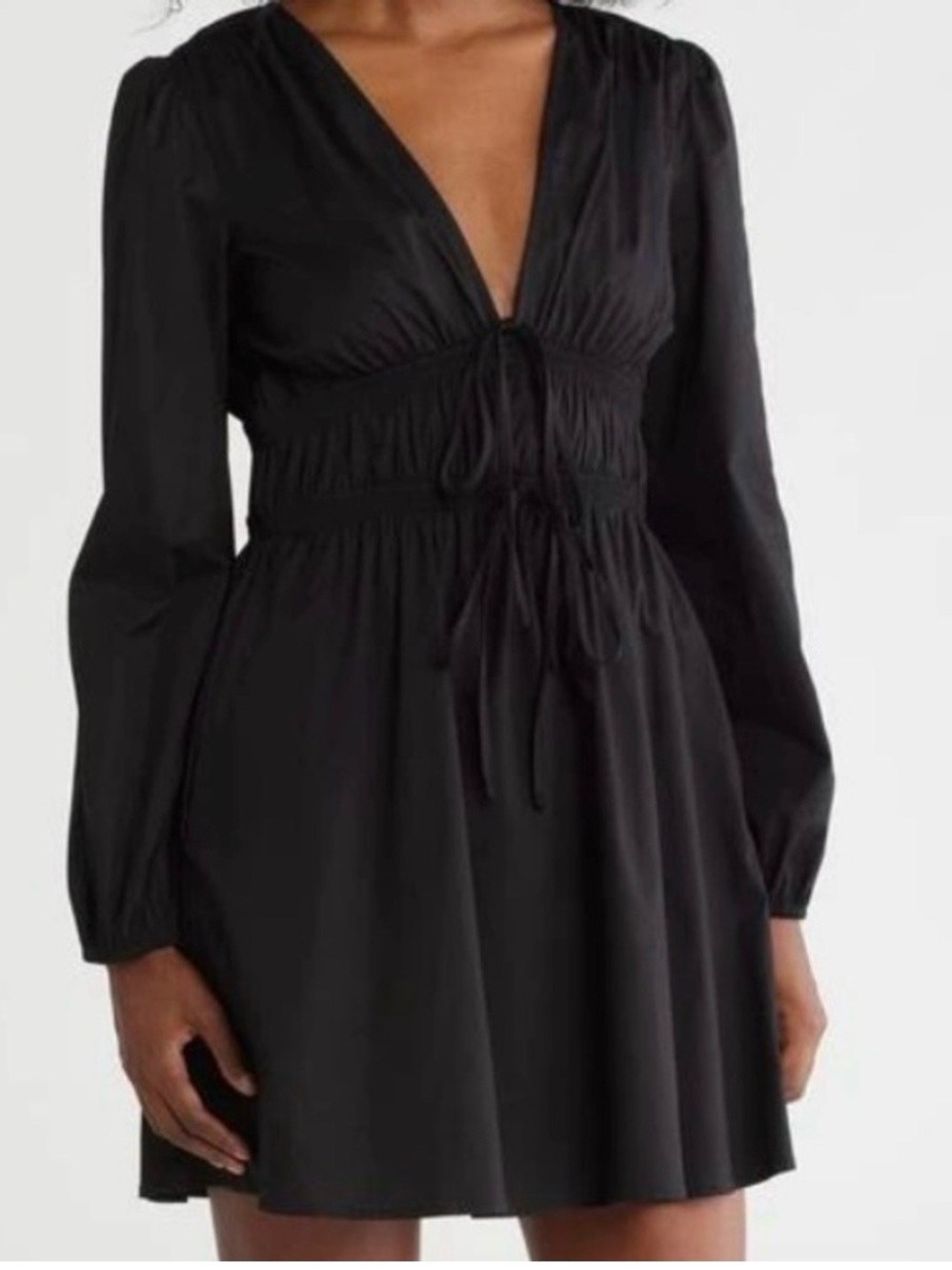 NWT Wayf Leighton Poplin Black Long-Sleeve V-Neck Mini Dress